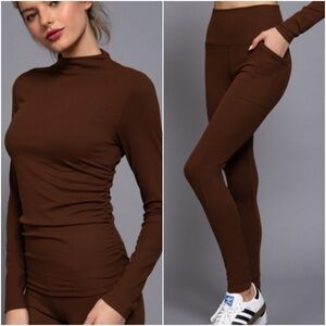 877 • Brown Mock Neck Ruched Long Sleeve High Waist Pocket Pants 2 Piece Set